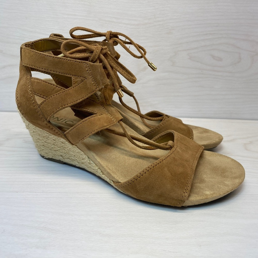 Vionic Womens 8.5 Tansy‎ Wedge Sandal Lace Up Espadrille Tan Suede Comfort Boho